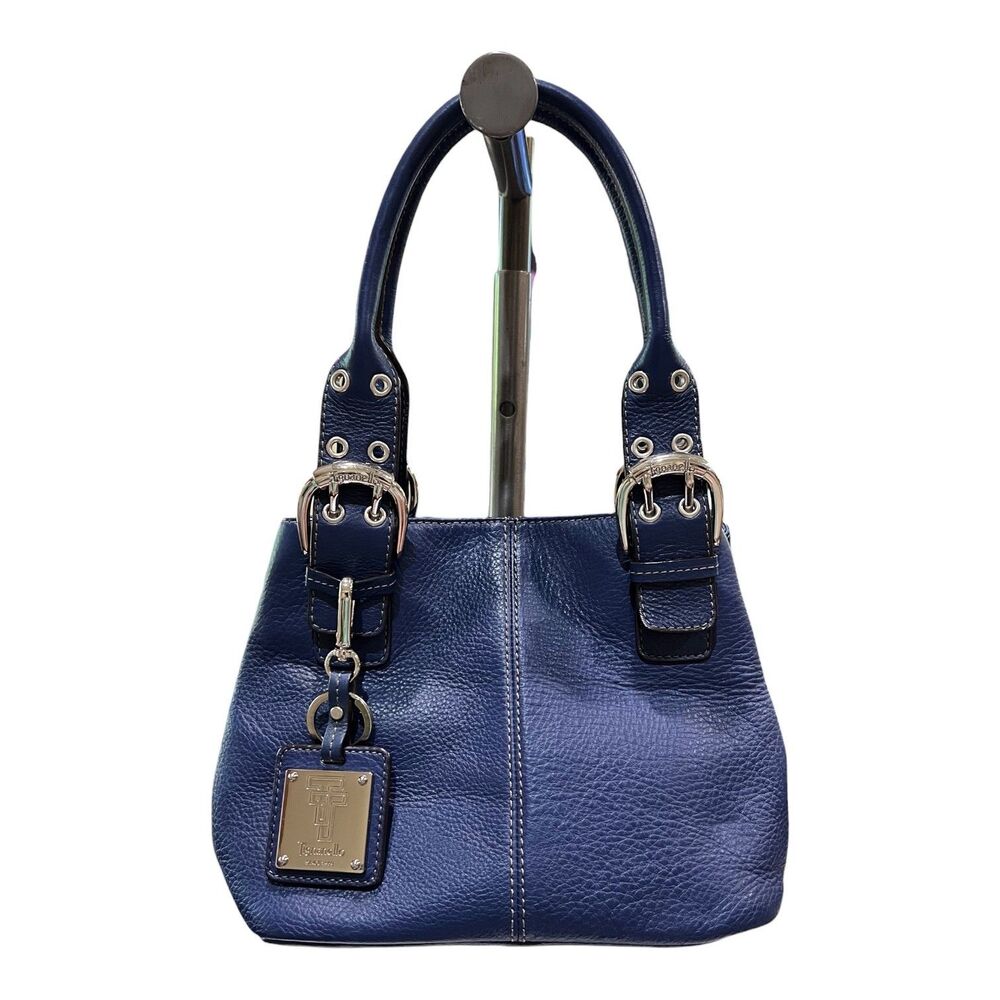 Tignanello Perfect 10 Satchel Handbag Purse Blue Pebbled Leather Double Handles
